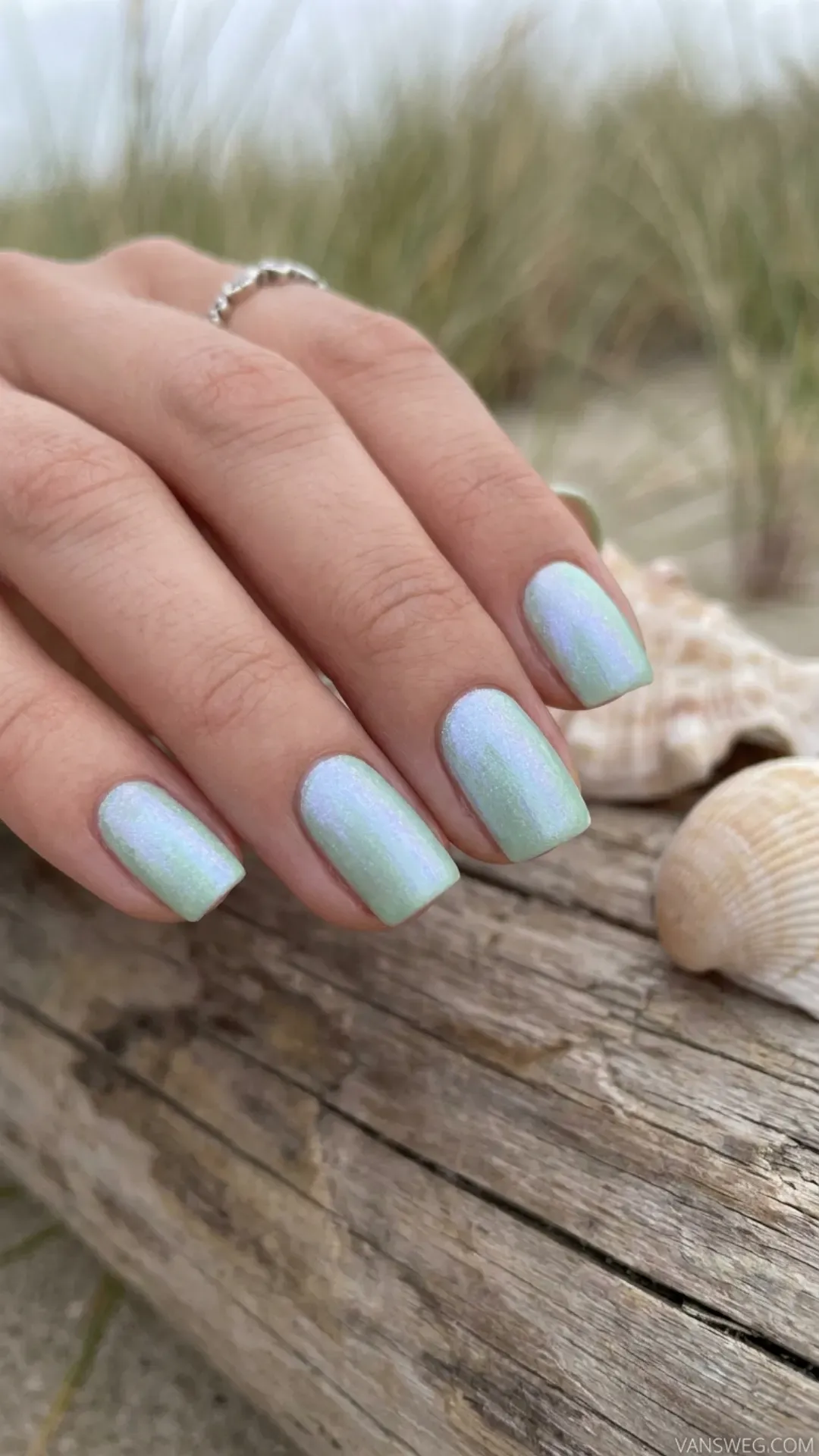  pastel mint green opalescent mermaid chrome nails by VANSWEG.COM
