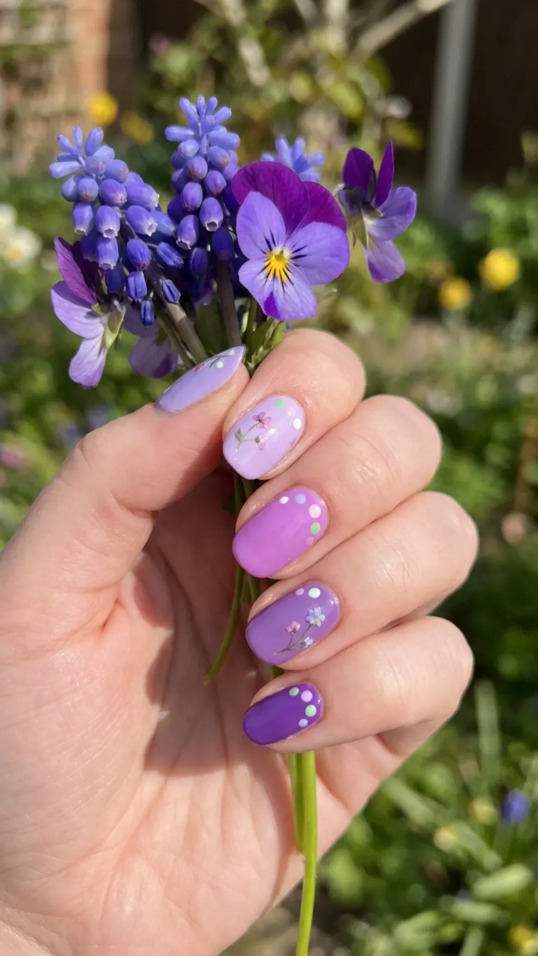 Purple Skittle Spring Nails - Skittle manicure using various shades of purple for a spring-ready look