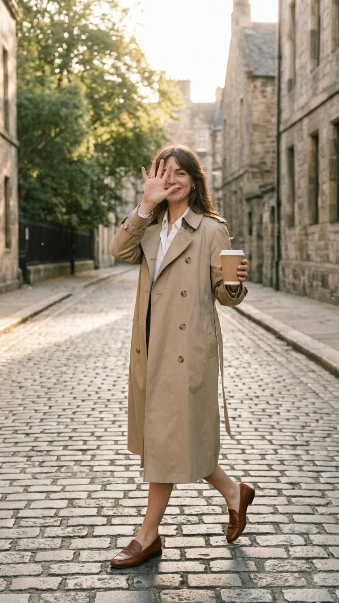 Woman styling a classic beige trench coat and leather loafers for spring.
