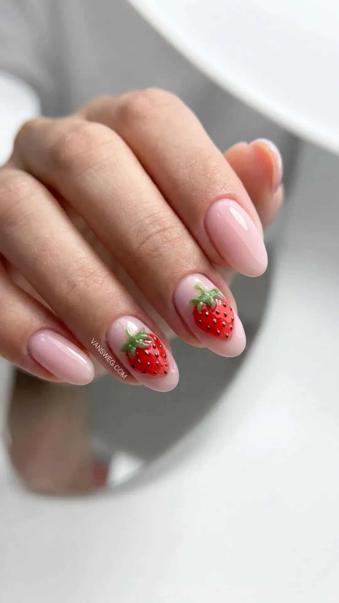 raised 3D gel strawberry nail art design on pink base by VANSWEG.COM