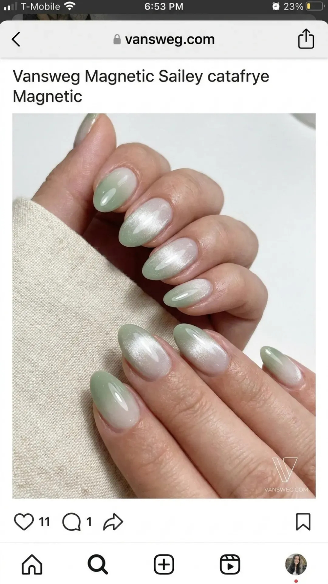 soft sage green and milky white magnetic cat-eye ombre nails by VANSWEG.COM