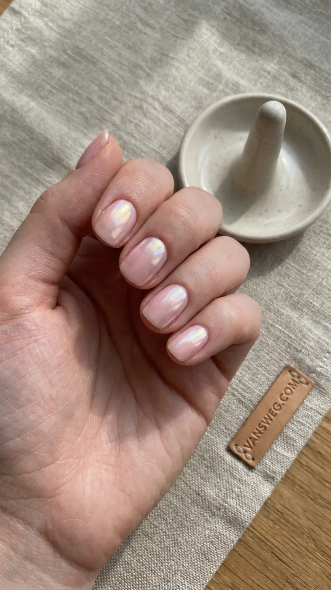 sheer baby pink pearlcore opalescent chrome nails by VANSWEG.COM
