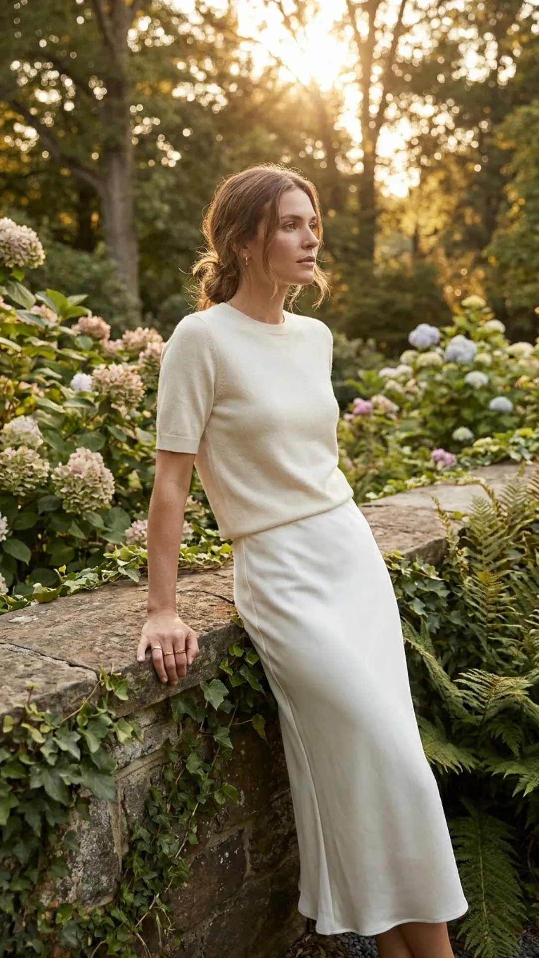 Elegant outfit featuring a Cloud Dancer white silk skirt and knit top.