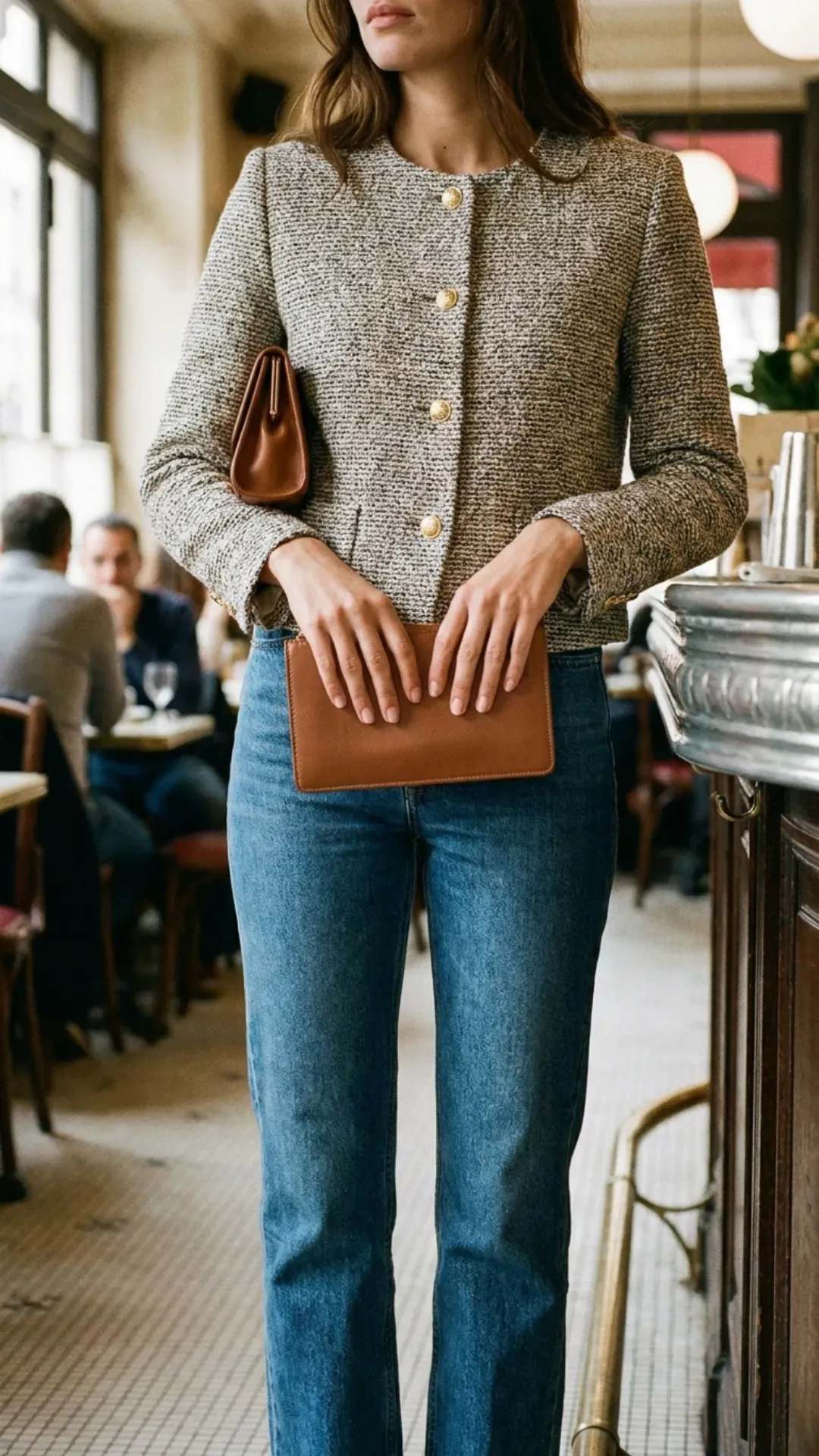 Chic woman in a tailored tweed jacket and straight leg jeans
