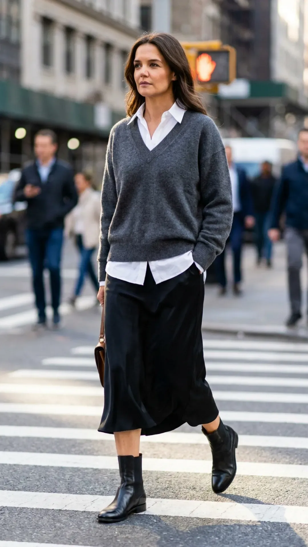 A stylish woman walking in a charcoal V-neck sweater layered over a white shirt, paired with a black silk midi skirt.