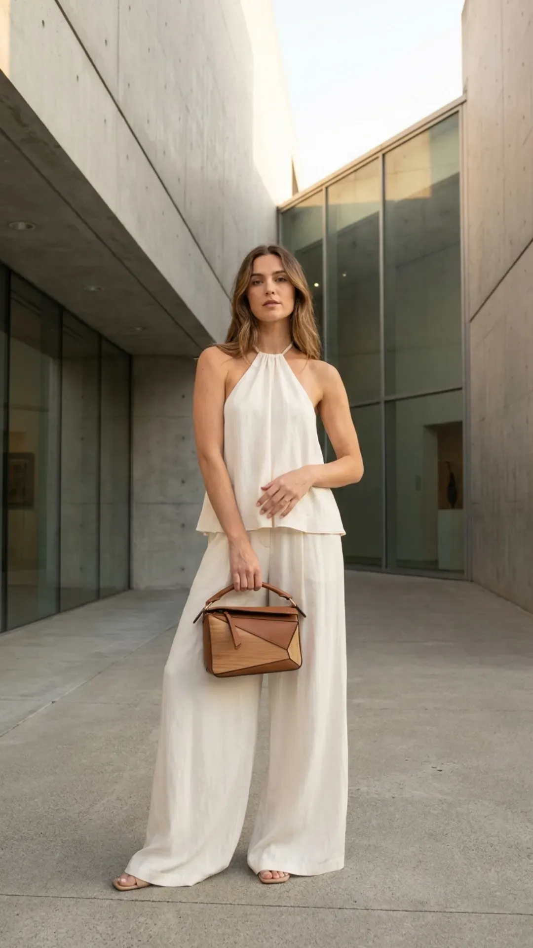 Chic monochromatic outfit with flowy white trousers and a halter top.
