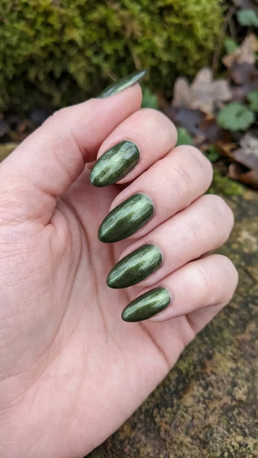 Metallic Moss Green Nails - Almond-shaped nails painted in shiny moss green