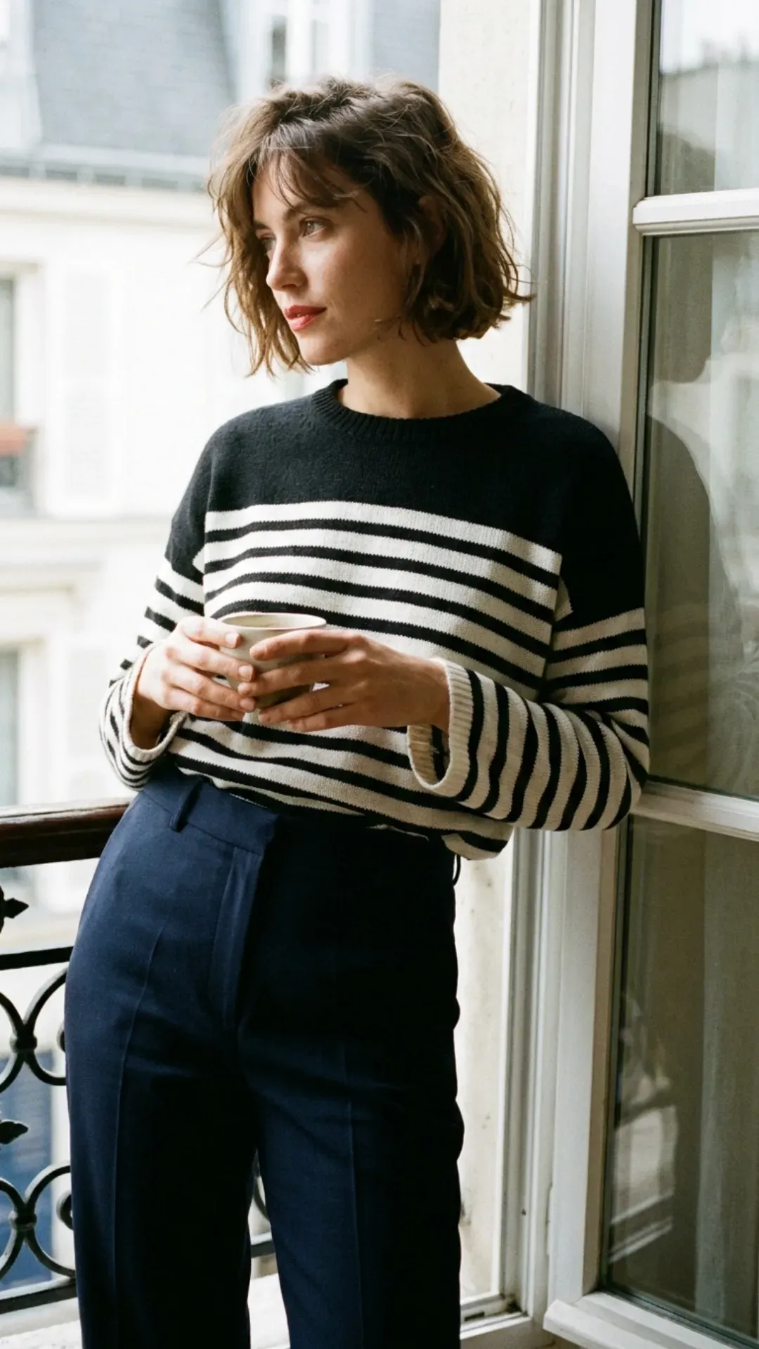 A woman with a chic French aesthetic wearing a black and white Breton striped sweater and navy trousers.