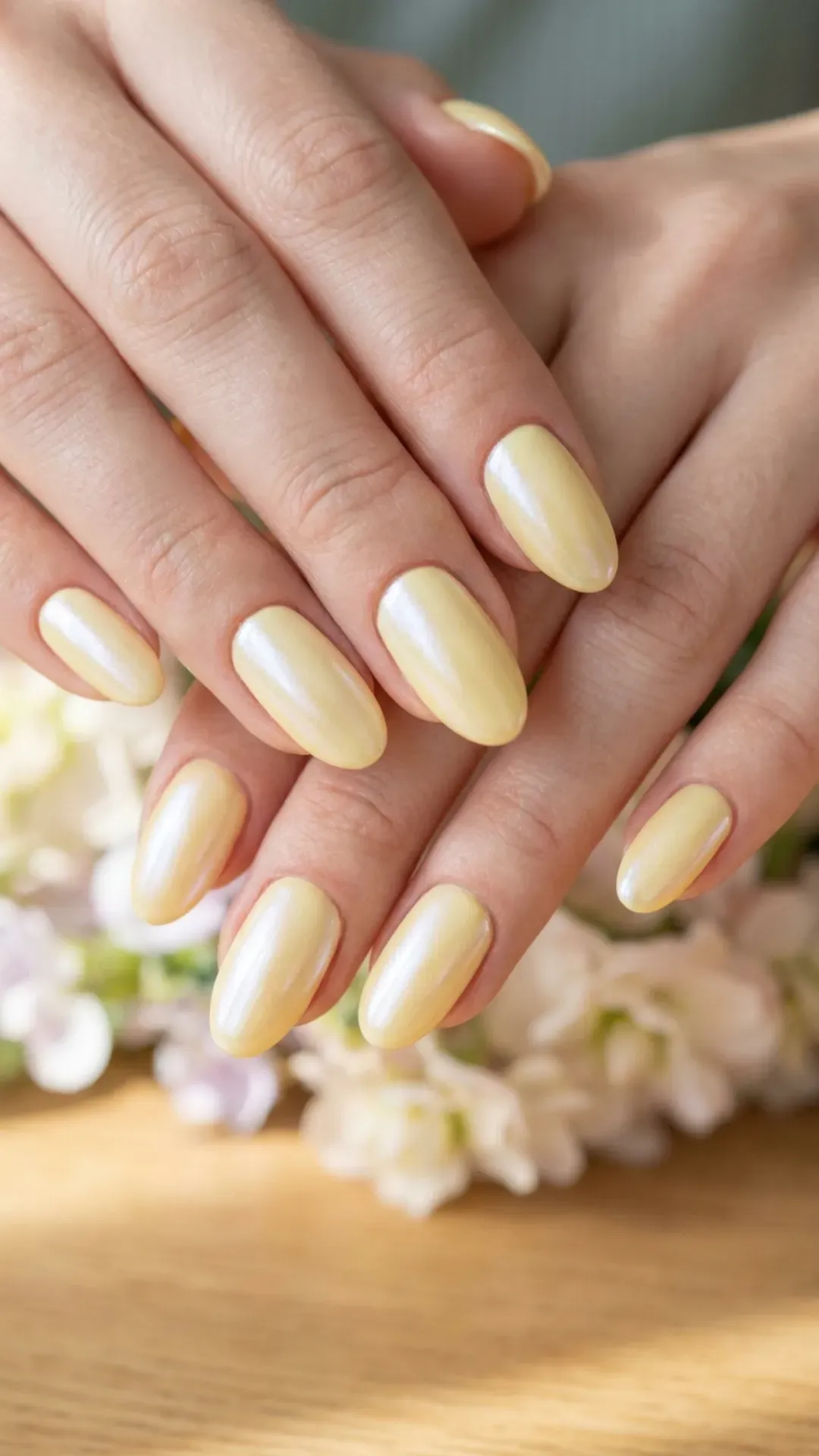 creamy butter yellow opalescent glazed pearl nails by VANSWEG.COM