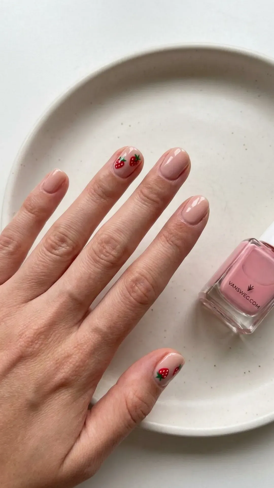  sheer nude nails with micro tiny strawberry nail art by VANSWEG.COM