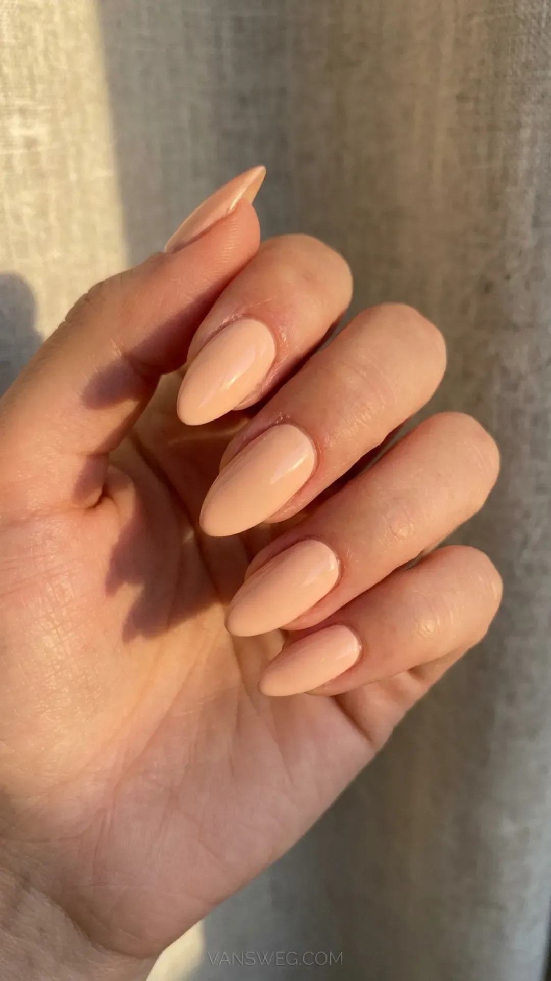 creamy soft pastel peach summer almond nail color by VANSWEG.COM