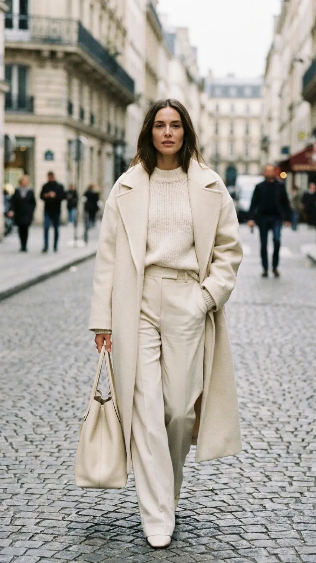 Minimalist cream monochromatic outfit for a quiet luxury aesthetic.