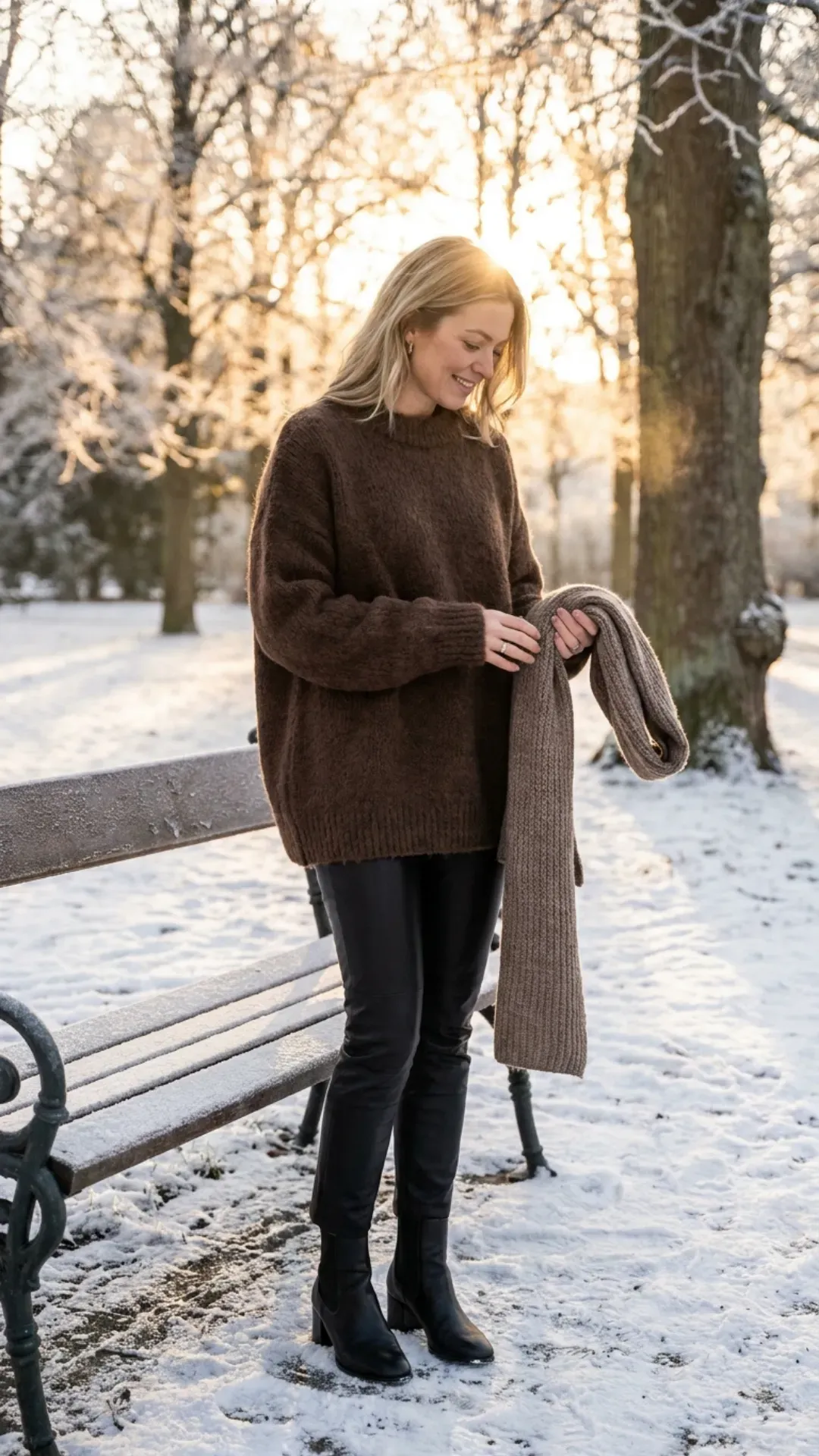 A fashionable woman in a winter park wearing an oversized espresso-brown alpaca crewneck and sleek black leather trousers.&nbsp;