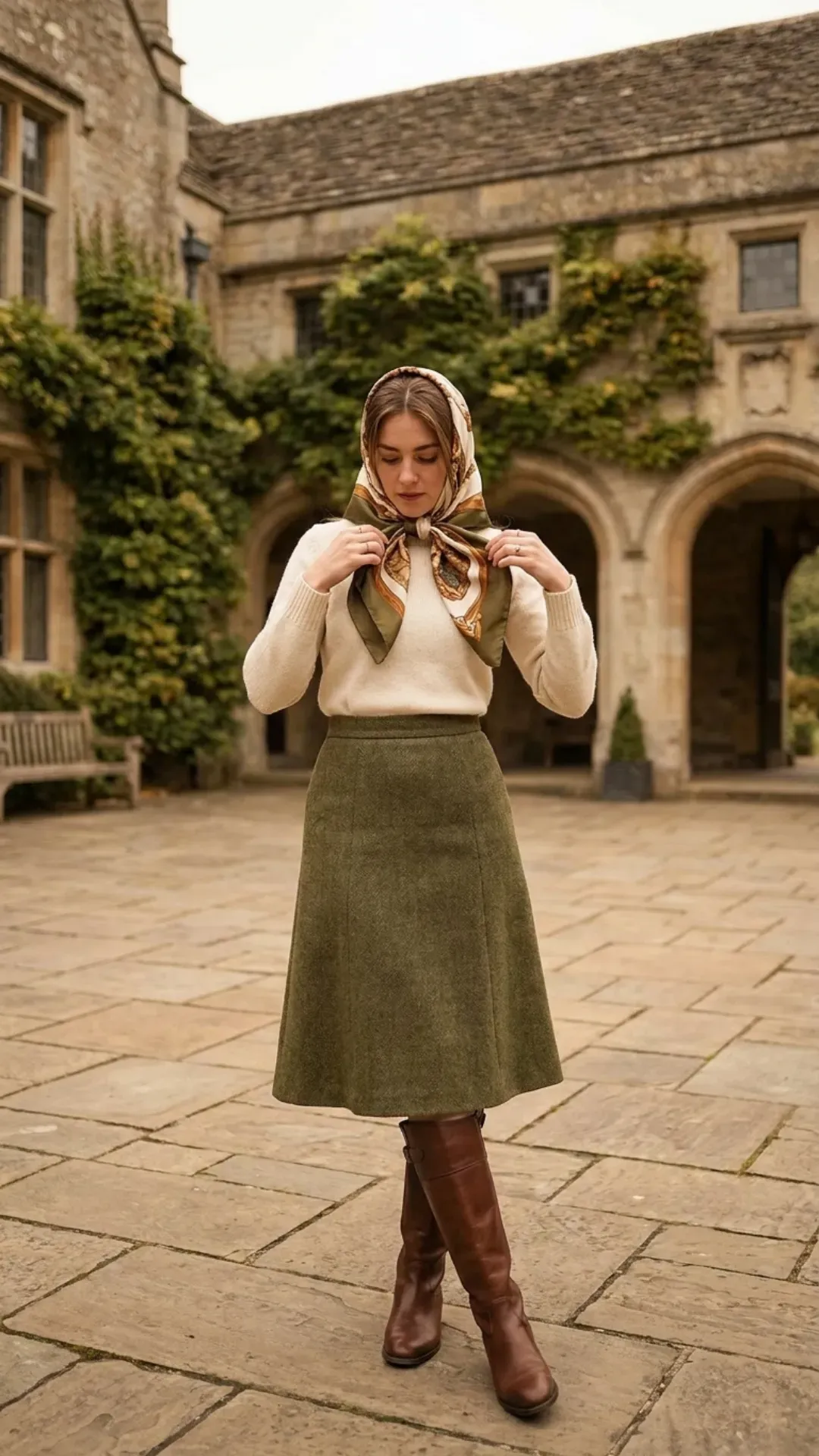 Trendy outfit featuring tall riding boots and an A-line skirt