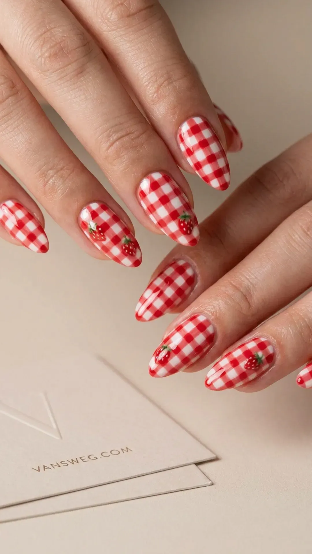  red and white checkered gingham nails with strawberry art by VANSWEG.COM