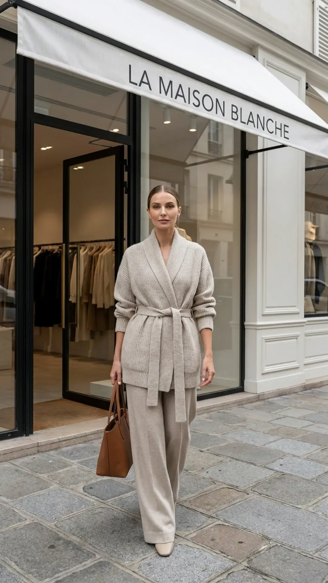 An elegant woman wearing a monochromatic oatmeal-colored outfit featuring a belted wrap cardigan and wide-leg trousers.
