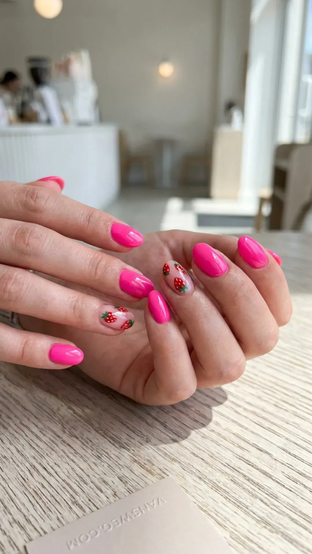  bright neon pink strawberry nail art for summer vacation by VANSWEG.COM