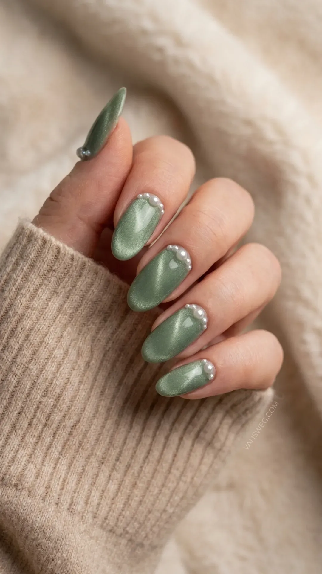  romantic sage green magnetic cat-eye nails adorned with tiny pearls by VANSWEG.COM