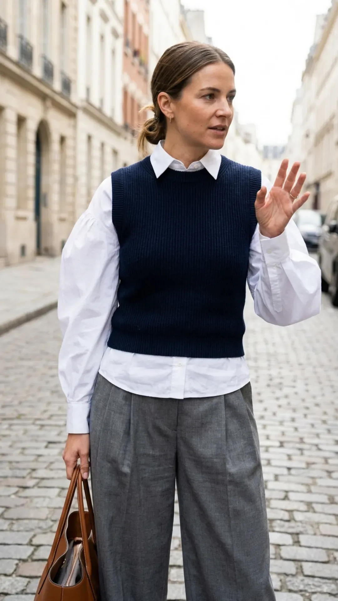 A chic woman wearing a navy knit vest layered over a white collared shirt and grey pleated trousers.