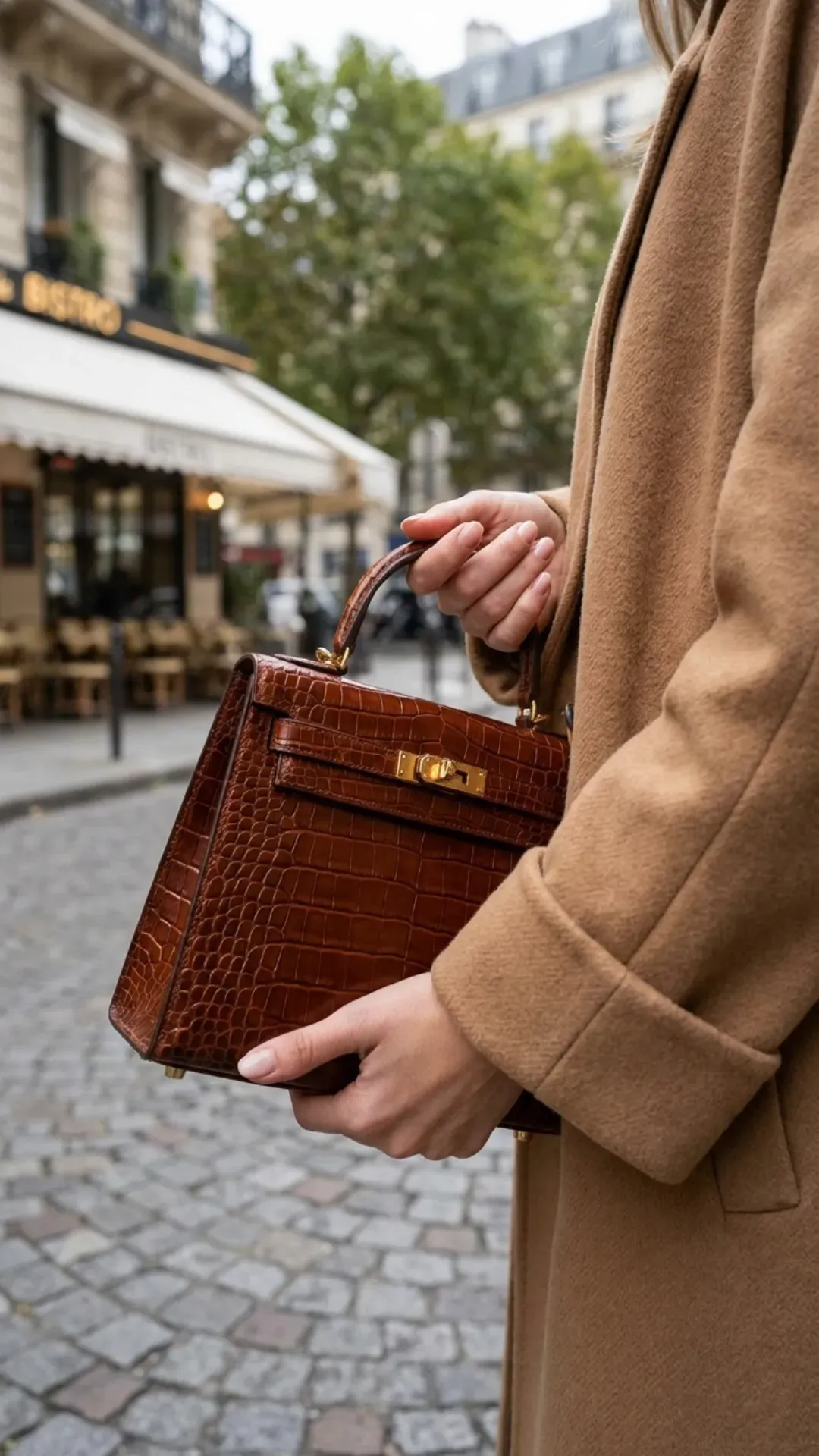 Detail shot of a structured leather top-handle bag worn with a camel coat.