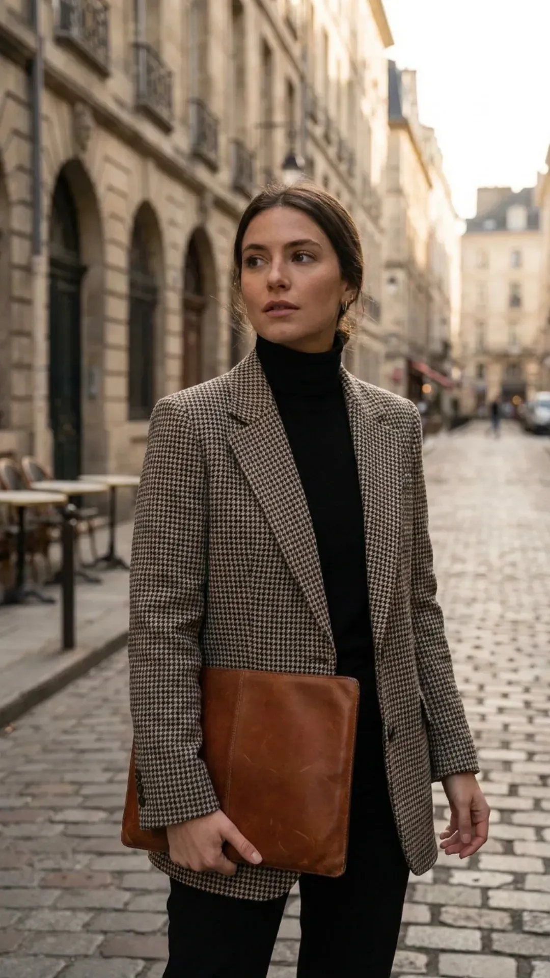 Stylish houndstooth blazer layered over a black turtleneck sweater.