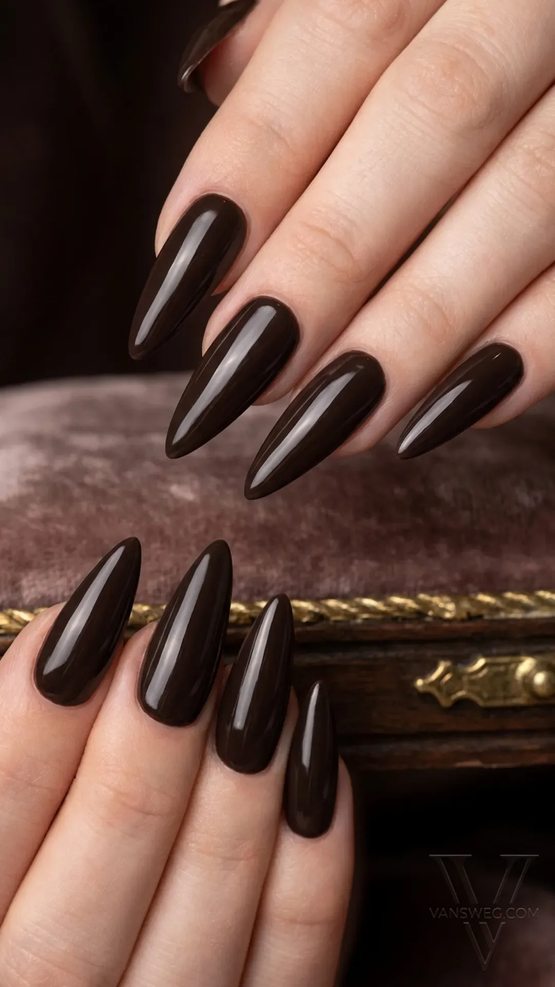 espresso glazed stiletto nails bold dark manicure by VANSWEG.COM
