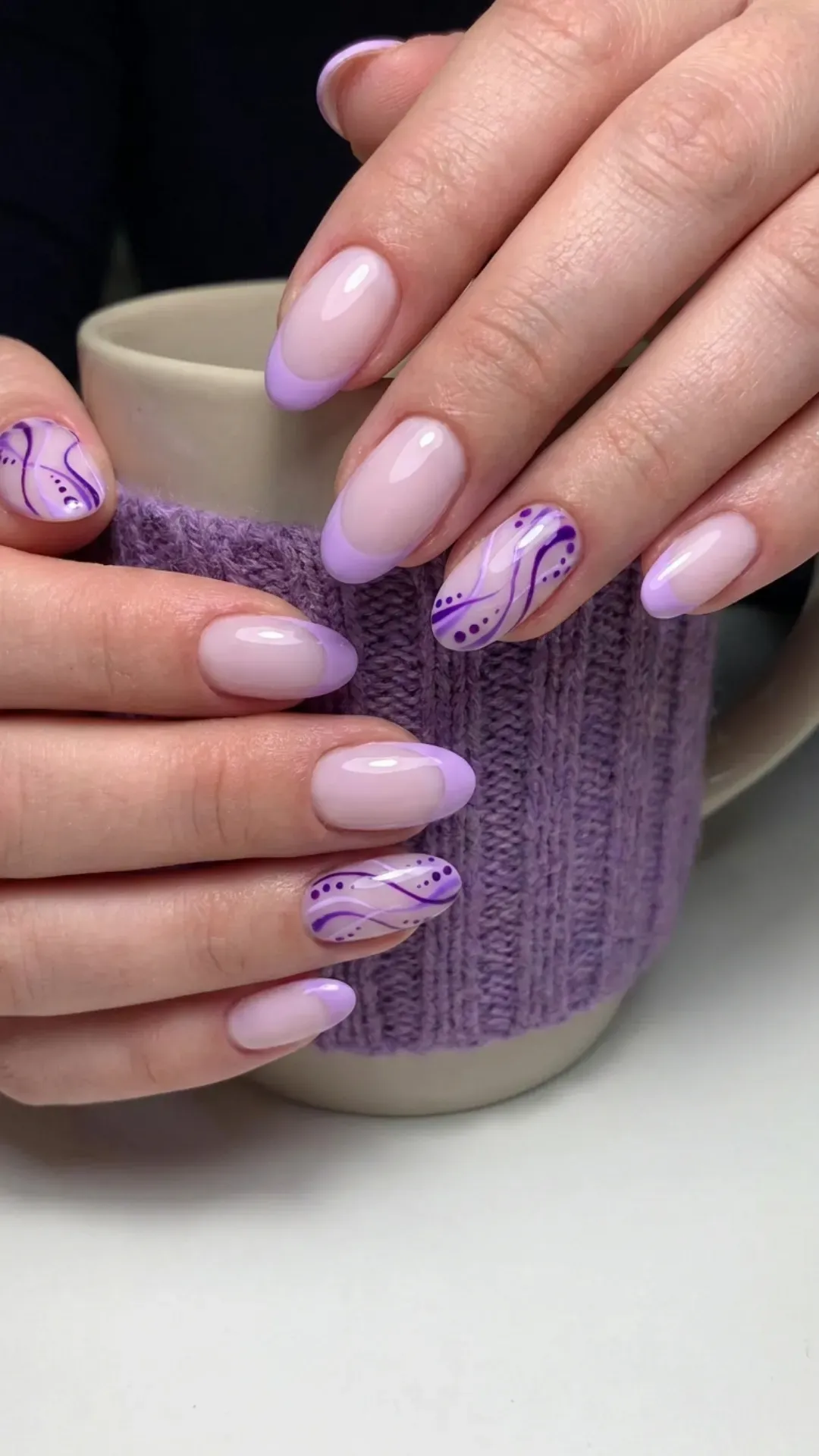 Purple Swirl Accent Nails - Lilac French tips with whimsical purple swirl accents