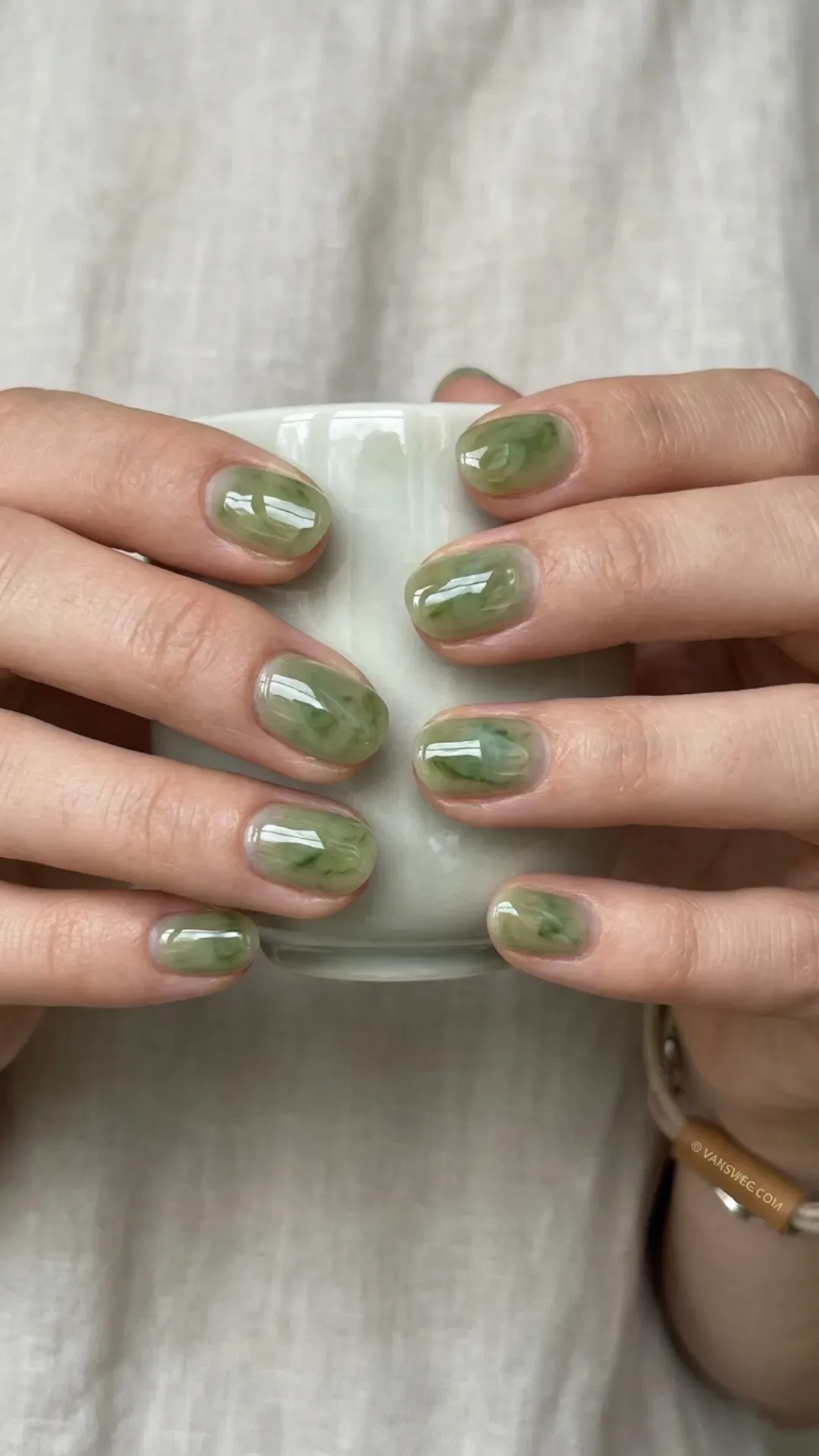sheer earthy matcha green korean glass nails jelly manicure by VANSWEG.COM