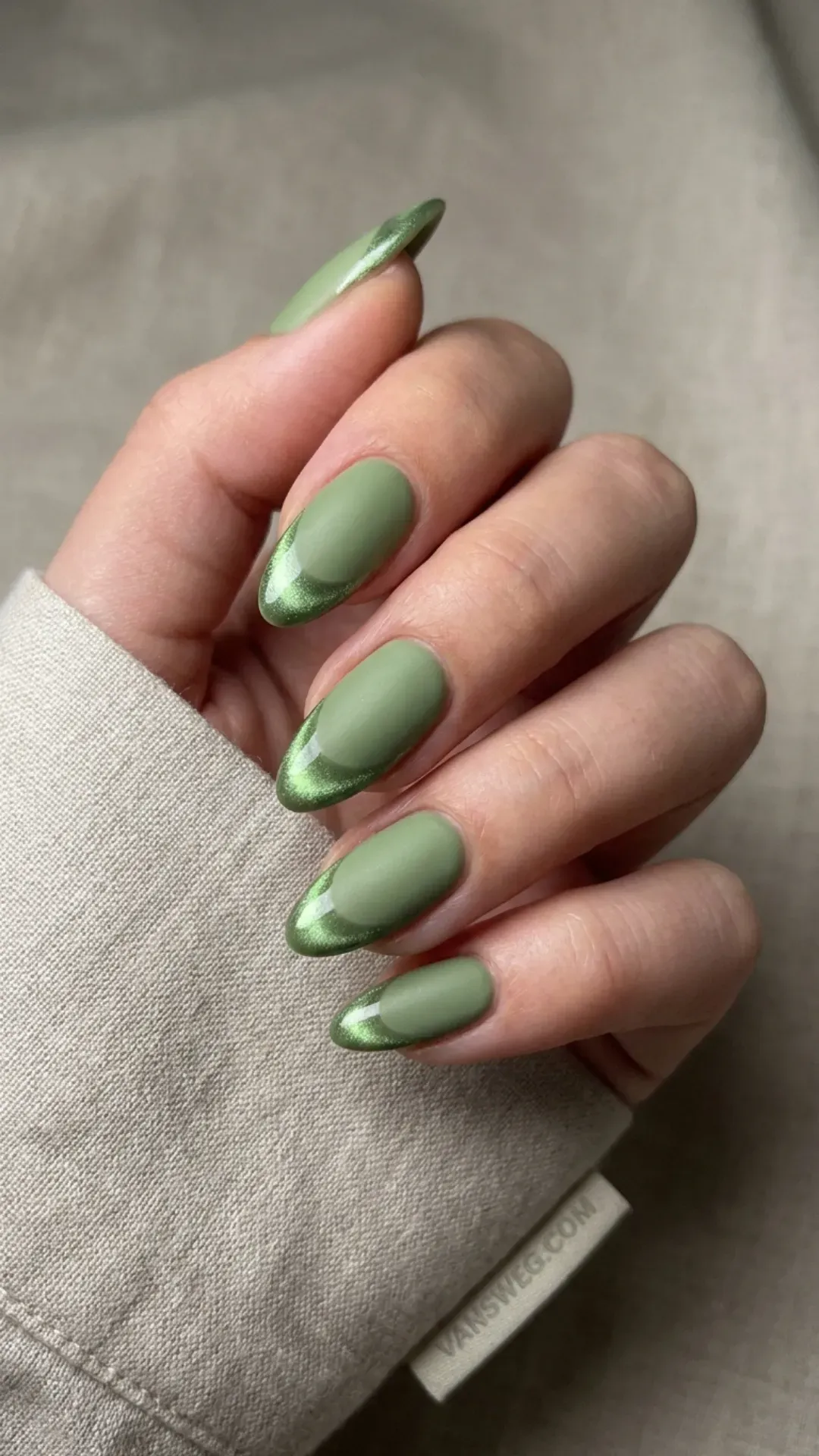 matte matcha green nails with glossy magnetic cat-eye french tips by VANSWEG.COM
