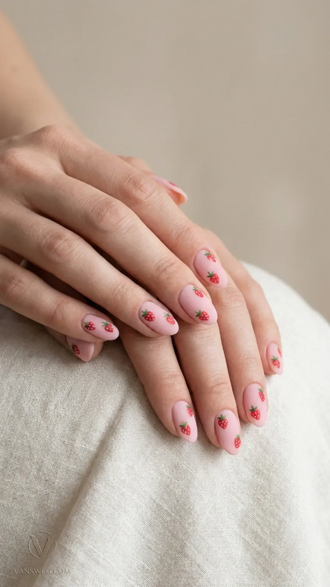 soft pink matte nails with red strawberry painting by VANSWEG.COM