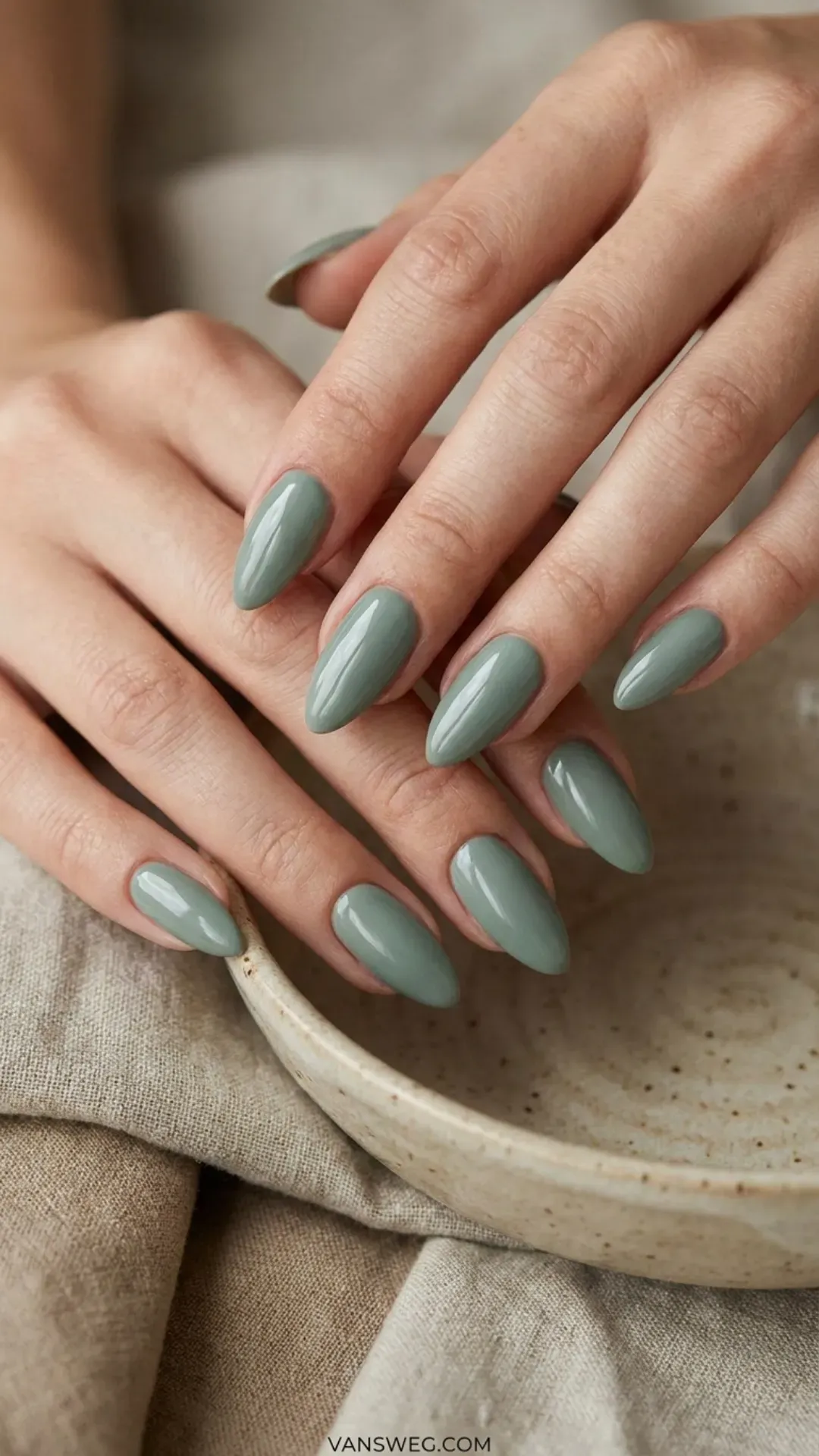 dusty soft sage green summer almond nail polish by VANSWEG.COM