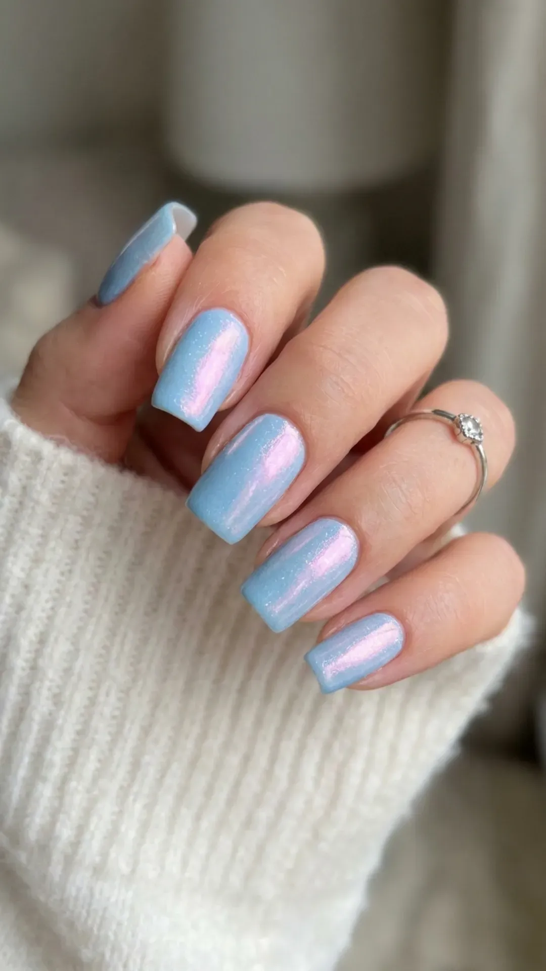  dreamy pastel sky blue opalescent pearl chrome nails by VANSWEG.COM