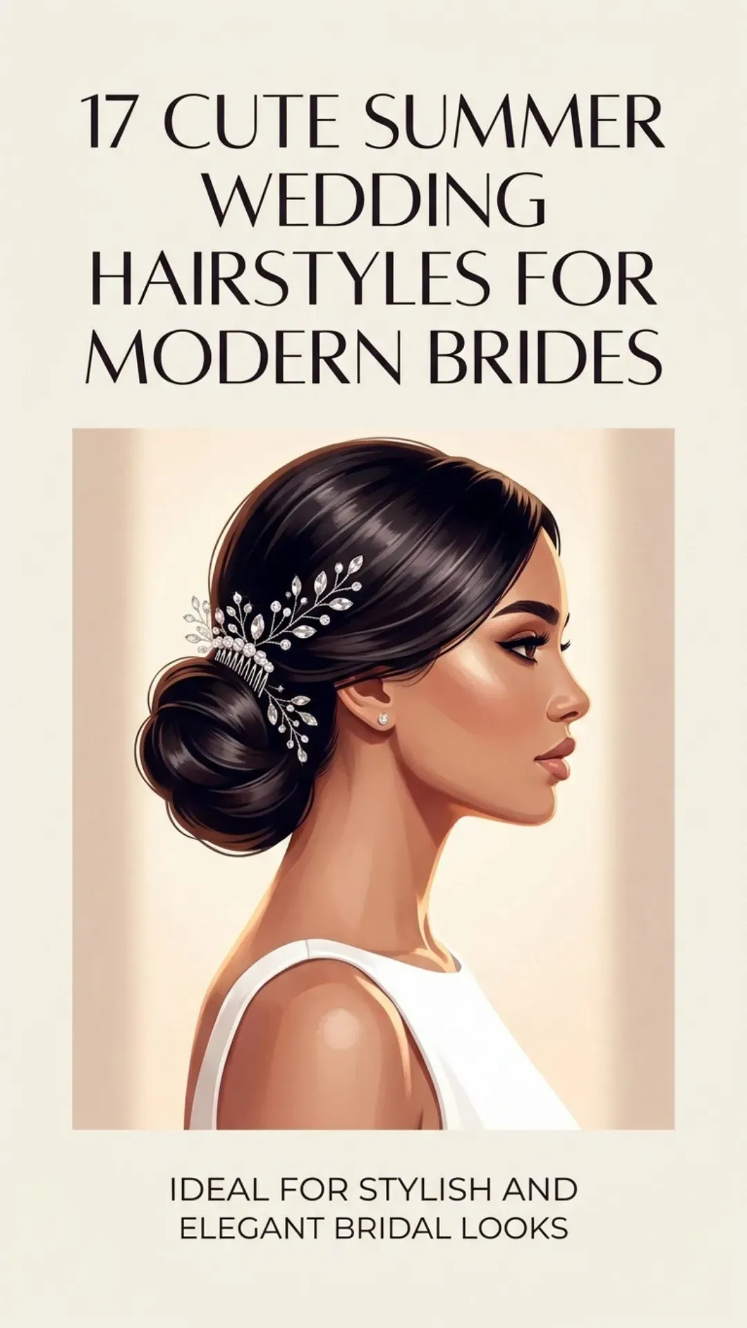 Sleek side-swept wedding hairstyle with crystal embellishments for a modern bride, featured on a promotional poster titled '17 Cute Summer Wedding Hairstyles for Modern Brides', ideal for stylish and elegant bridal looks.