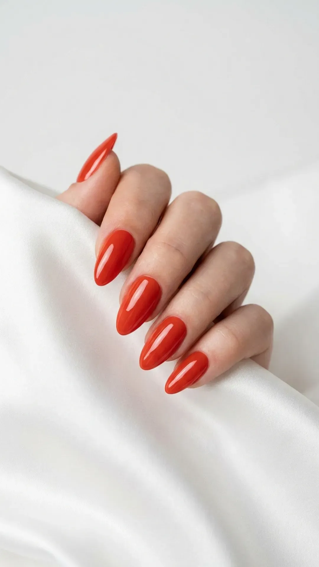 glossy tomato red summer nails almond shape luxury manicure by VANSWEG.COM