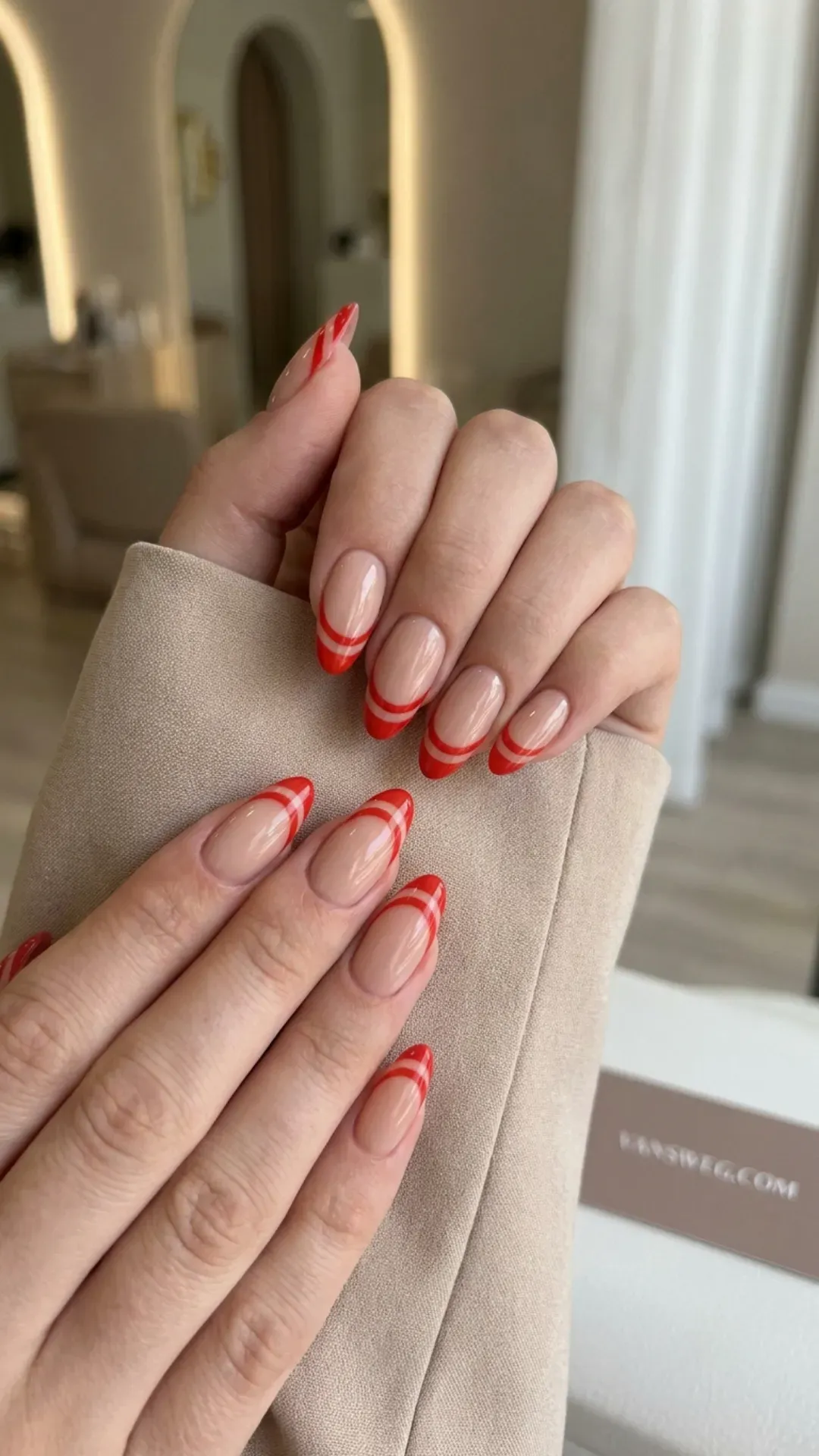 graphic double french tip tomato red summer nails by VANSWEG.COM