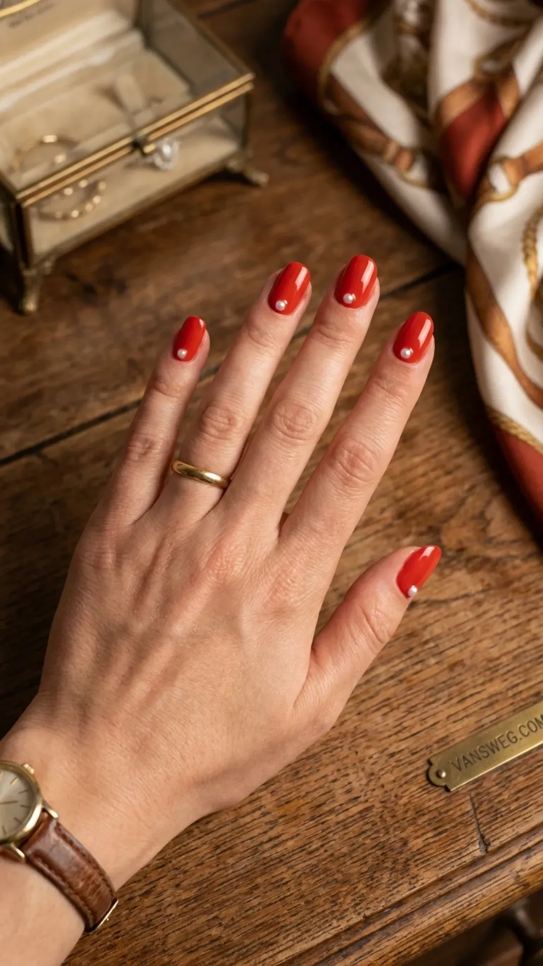 elegant tomato red summer nails with tiny pearl embellishments by VANSWEG.COM