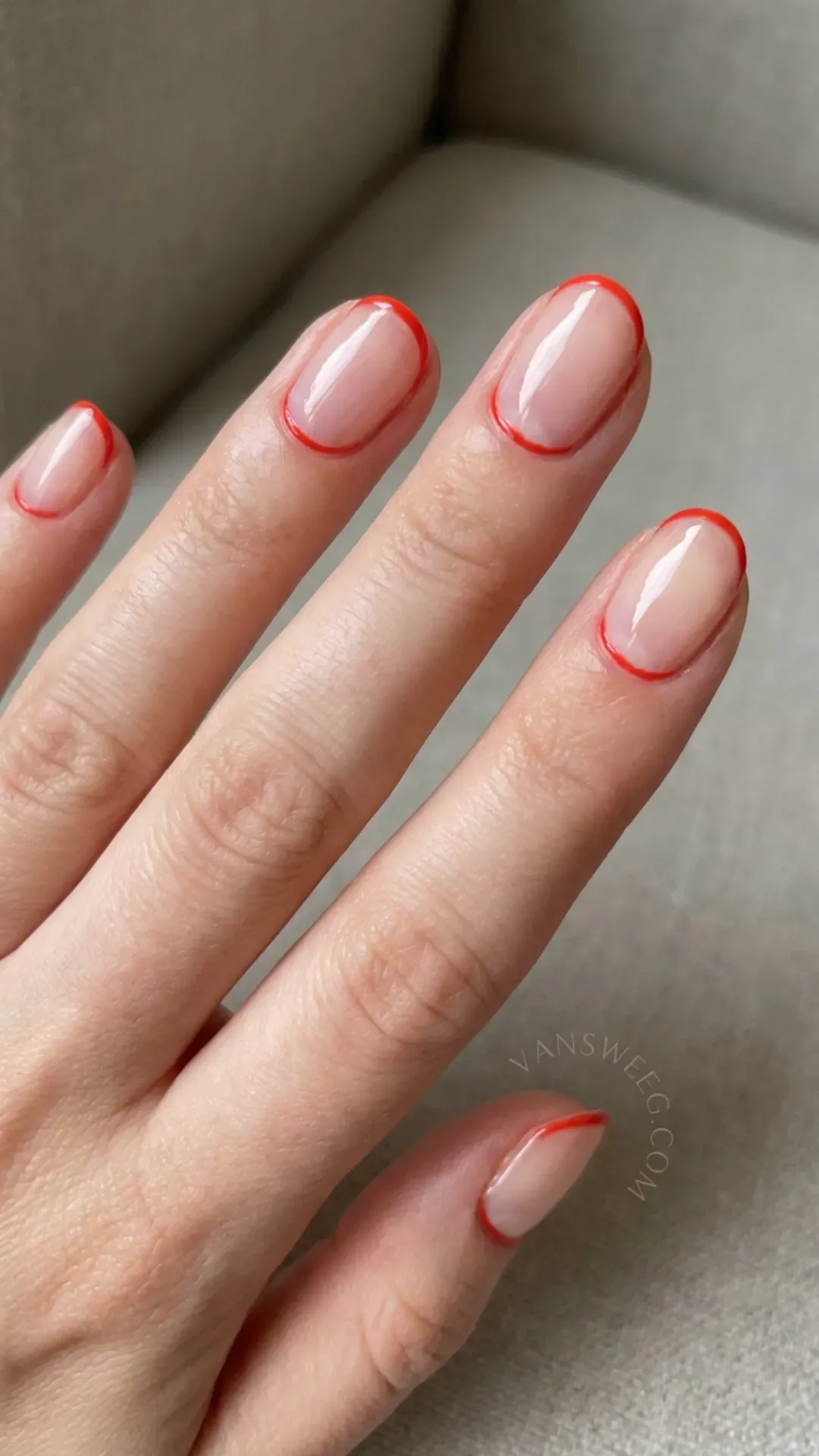 minimalist reverse french tomato red cuticle cuff nails by VANSWEG.COM