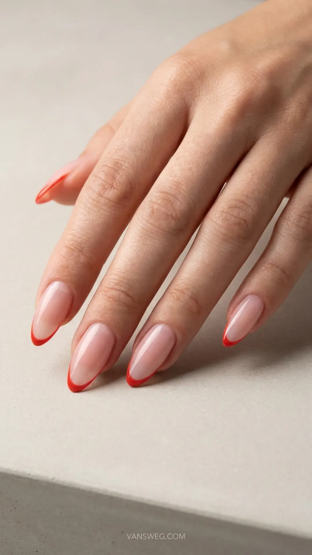 minimalist tomato red micro french tip nails summer manicure by VANSWEG.COM
