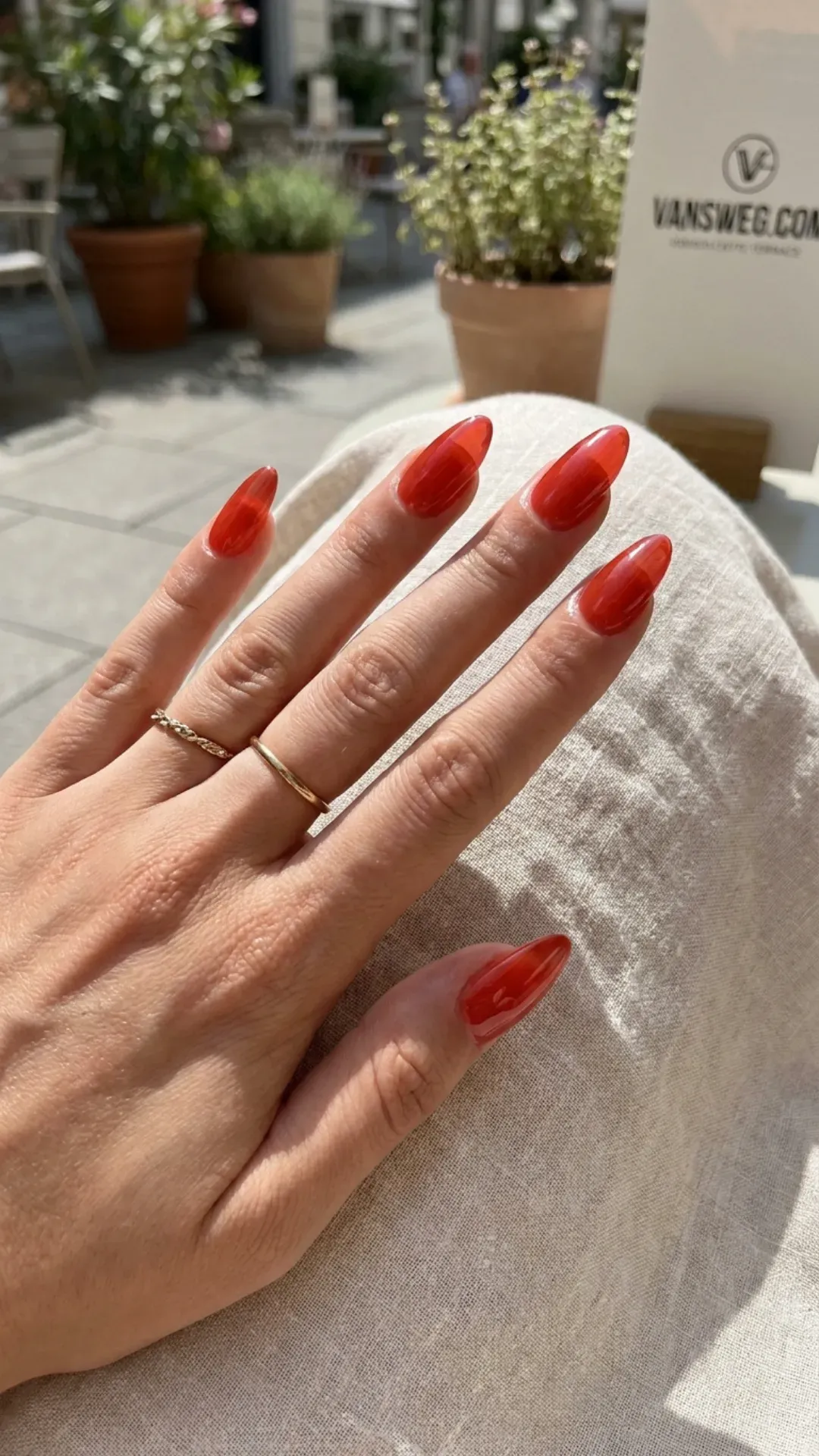 translucent tomato red jelly summer nails by VANSWEG.COM