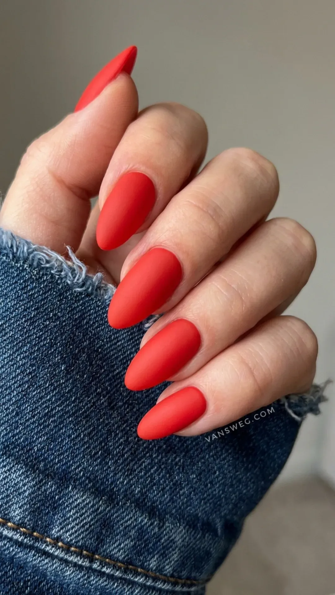 velvet matte tomato red summer nails almond shape by VANSWEG.COM