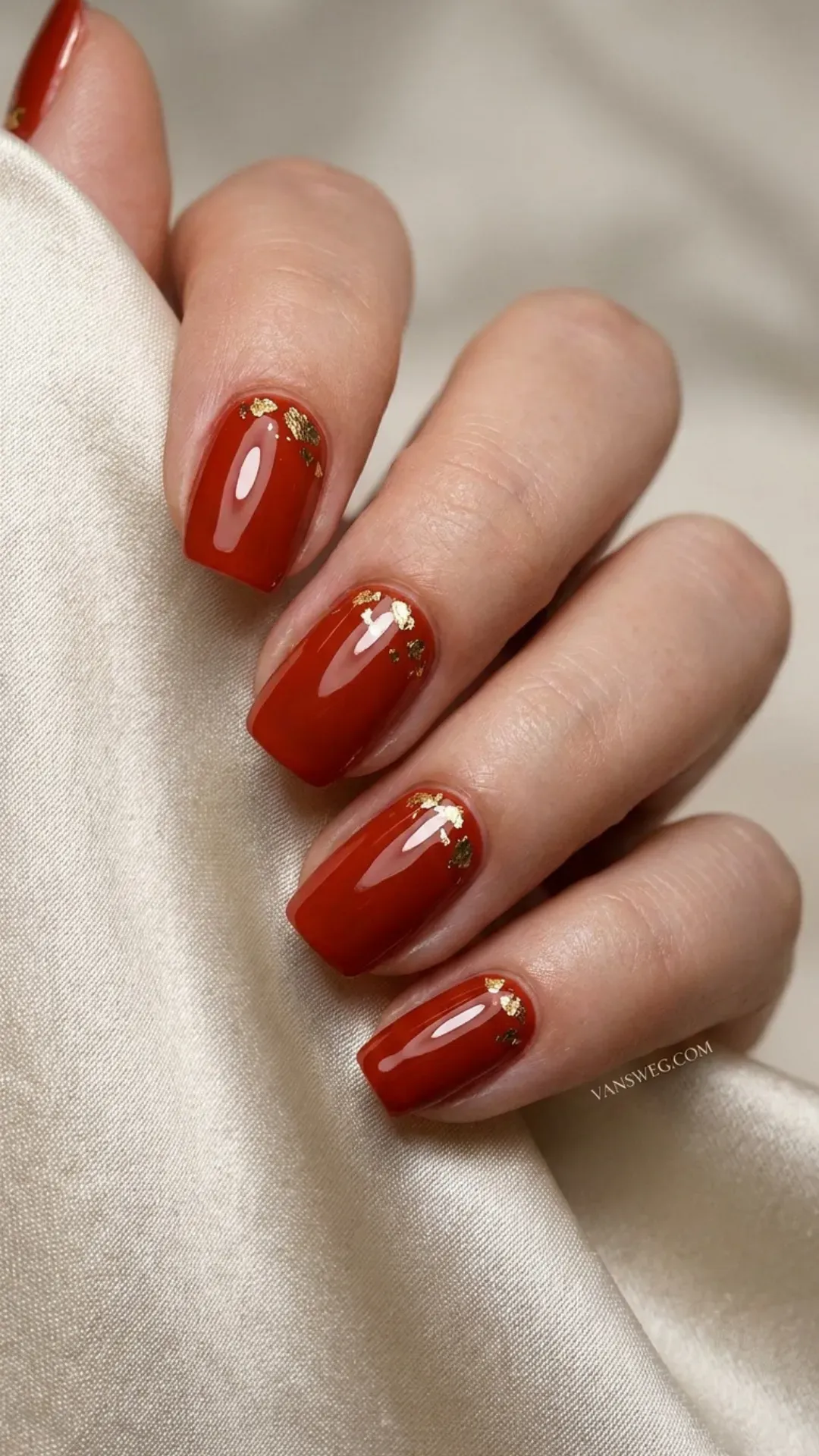 luxury tomato red summer nails with gold foil accents by VANSWEG.COM