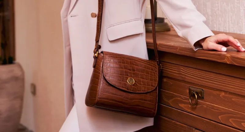 Woman accessorizing her winter outfit with a chic brown leather handbag, ideal for a classic seasonal style.