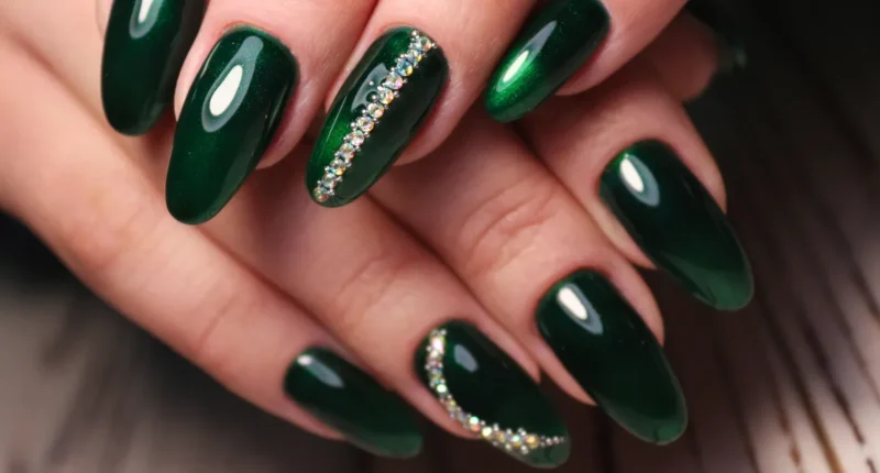 A luxurious manicure showcasing long, almond-shaped nails painted in a deep emerald green with a glossy finish, accented by a single nail on each hand adorned with a row of sparkling rhinestones, creating an elegant and festive look.