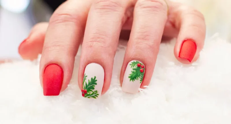 Festive red nails with a delicate white Christmas tree design and snowflake accents for holiday-themed manicures