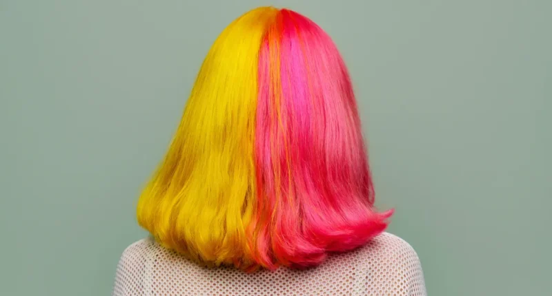 A person with their back turned, showcasing a half yellow and half pink split dye hairstyle with a straight, shoulder-length cut against a muted green background.