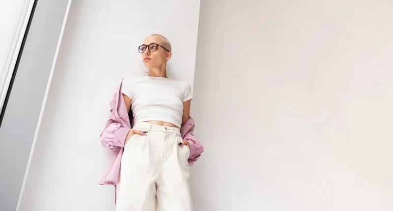 A woman in a modern minimalist white ensemble featuring high-waisted trousers and a cropped top, with a pastel overcoat draped over her shoulders, embodying 2024 winter fashion trends.