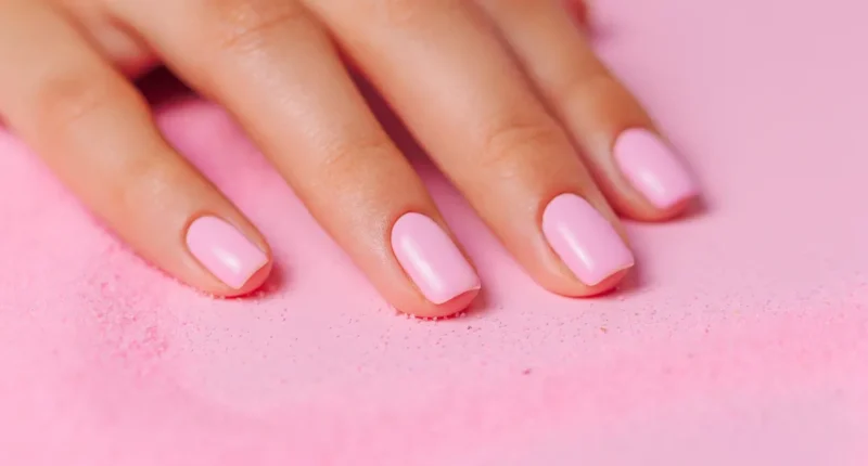 Close-up of a hand with nails painted in a nude pink shade, resting on a surface covered with pink powder, showcasing a clean and polished manicure suitable for a subtle, elegant look