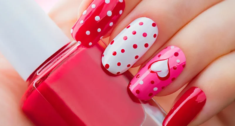 A vibrant Valentine's Day nail design with a mix of red and white polka dots and heart accents on glossy pink nails, creating a playful and romantic look for the occasion.