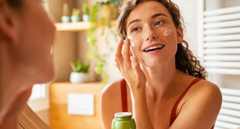 Woman with radiant skin applying moisturizer on her face in a bright bathroom, embodying a rejuvenating morning skincare routine