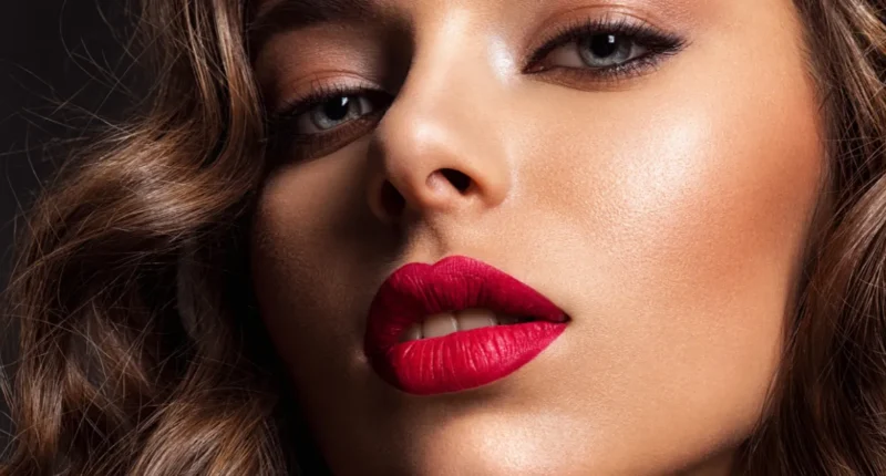 A captivating image of full lips coated in a deep, red matte lipstick, offering an elegant and polished look that's quintessentially Valentine's, paired with flawless skin and an understated eye makeup to let the lips take center stage.